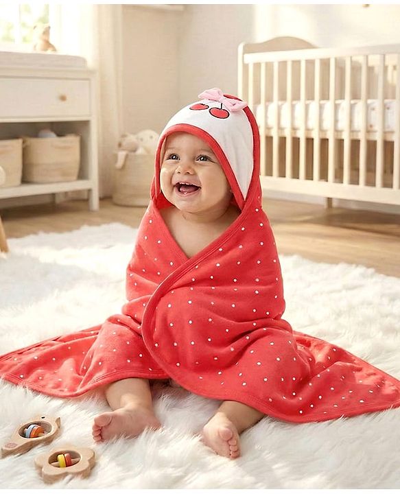 Babyhug Cotton Knit Hooded Wrapper With Polka Dots Print & Bow Applique L 65 x B 61 cm - Red