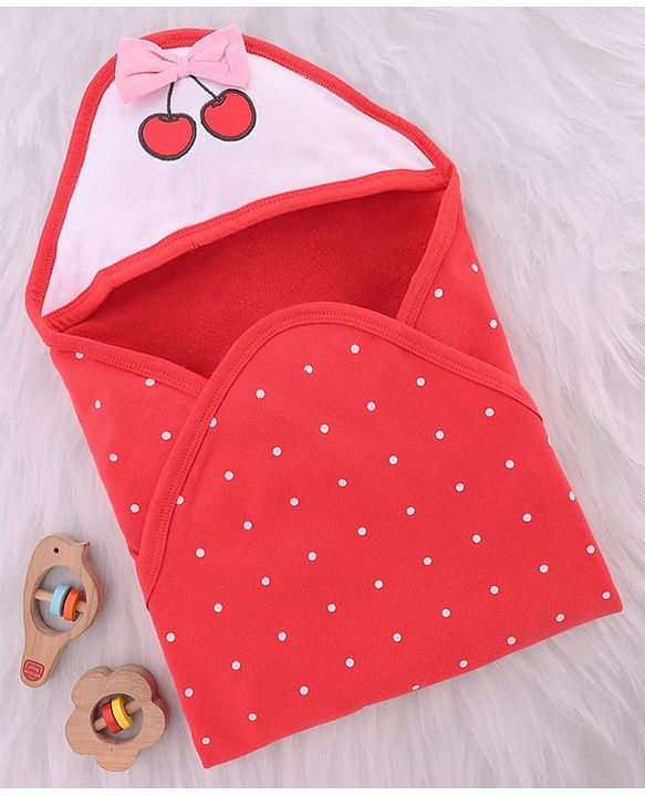 Babyhug Cotton Knit Hooded Wrapper With Polka Dots Print & Bow Applique L 65 x B 61 cm - Red