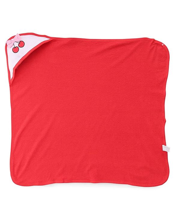 Babyhug Cotton Knit Hooded Wrapper With Polka Dots Print & Bow Applique L 65 x B 61 cm - Red