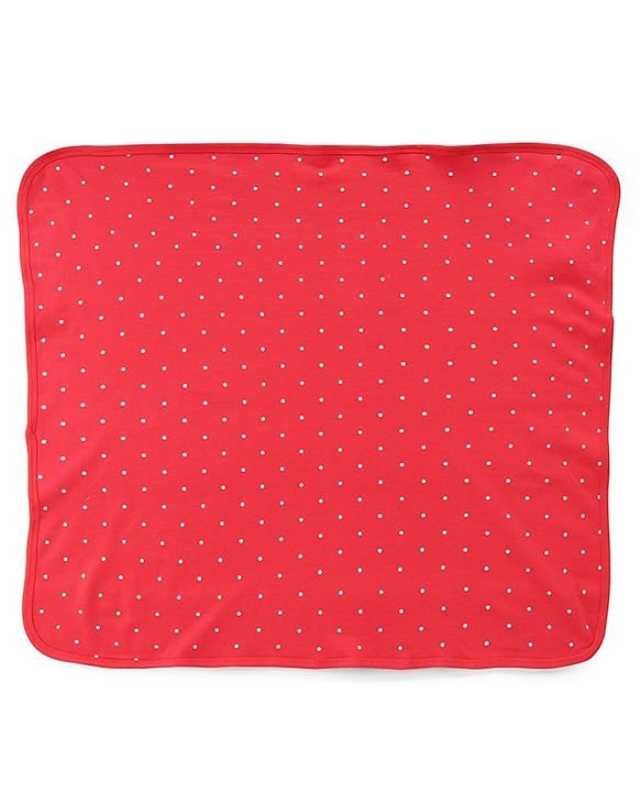 Babyhug Cotton Knit Hooded Wrapper With Polka Dots Print & Bow Applique L 65 x B 61 cm - Red