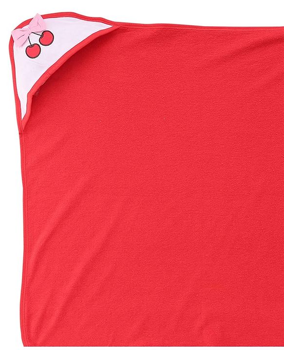 Babyhug Cotton Knit Hooded Wrapper With Polka Dots Print & Bow Applique L 65 x B 61 cm - Red