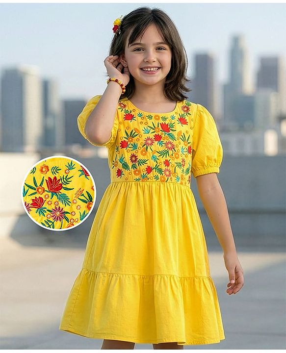 Pine Kids Cotton Woven Half Sleeves Frock with Floral Embroidery - Yellow