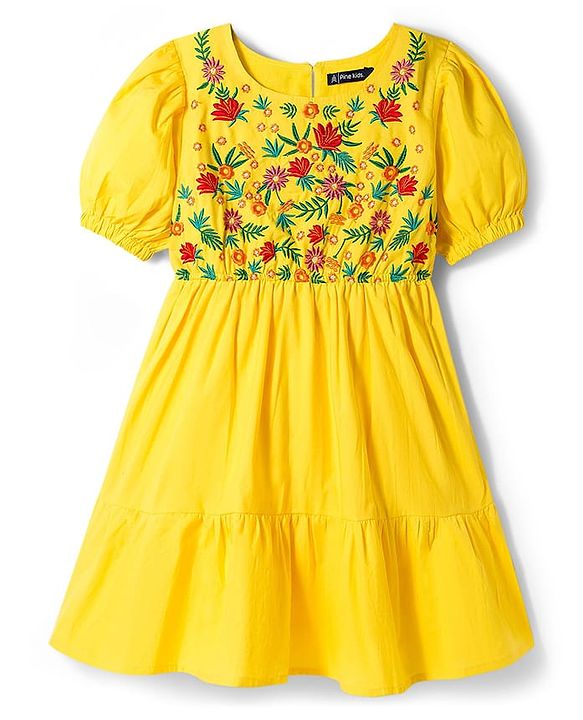 Pine Kids Cotton Woven Half Sleeves Frock with Floral Embroidery - Yellow