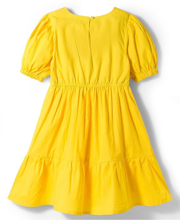 Pine Kids Cotton Woven Half Sleeves Frock with Floral Embroidery - Yellow