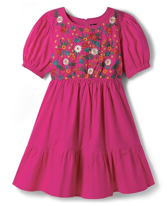 Pine Kids Cotton Woven Half Sleeves Frock with Floral Embroidery - Yellow
