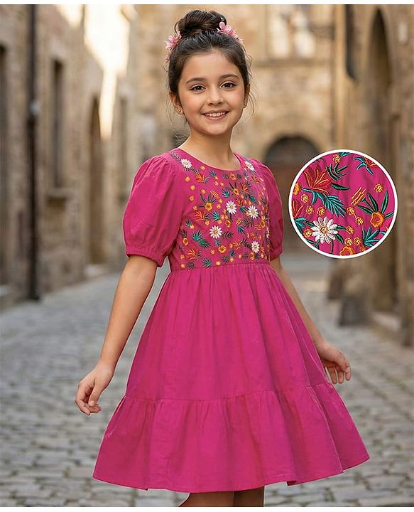Pine Kids Cotton Woven Half Sleeves Frock with Floral Embroidery - Yellow