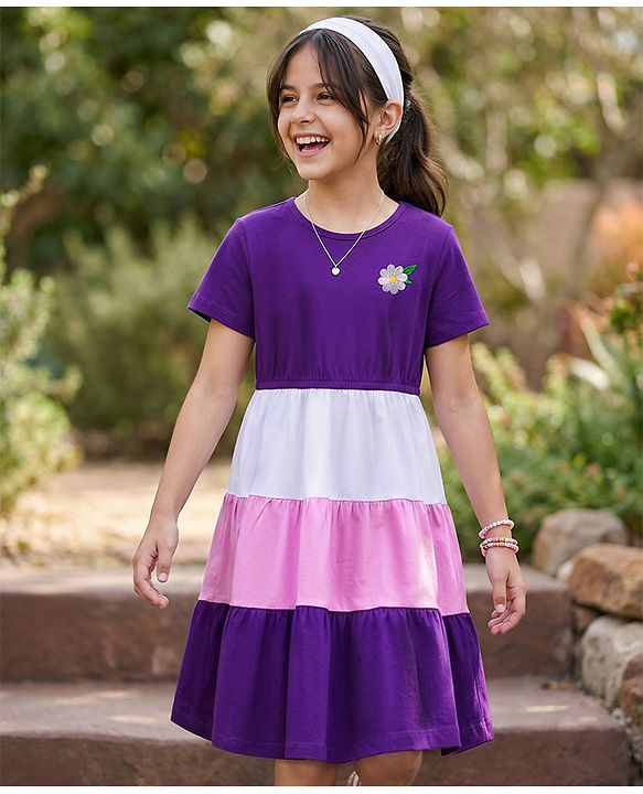 Pine Kids Cotton Knit Half Sleeves Tiered Frock with Floral Embroidery - Purple