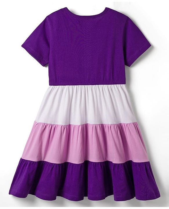 Pine Kids Cotton Knit Half Sleeves Tiered Frock with Floral Embroidery - Purple