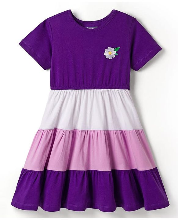 Pine Kids Cotton Knit Half Sleeves Tiered Frock with Floral Embroidery - Purple