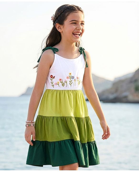 Pine Kids Cotton Knit Sleeveless Tiered Frock with Floral Embroidery - Multicolor