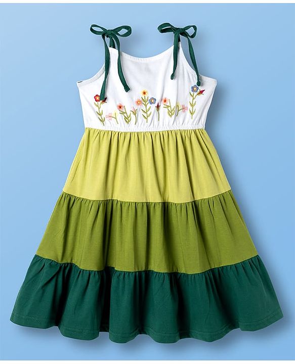 Pine Kids Cotton Knit Sleeveless Tiered Frock with Floral Embroidery - Multicolor