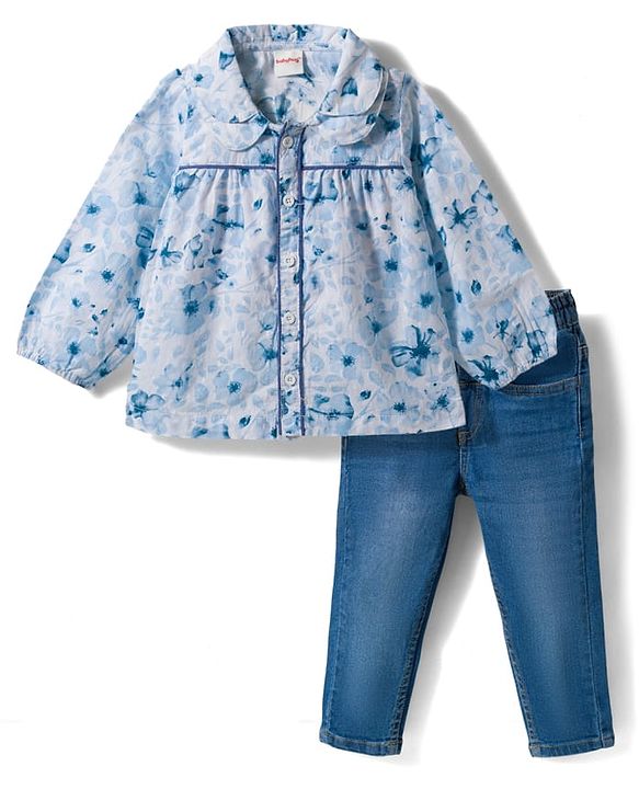 Babyhug Cotton Woven Full Sleeves Floral Printed Top & Jeans Set - Light Blue