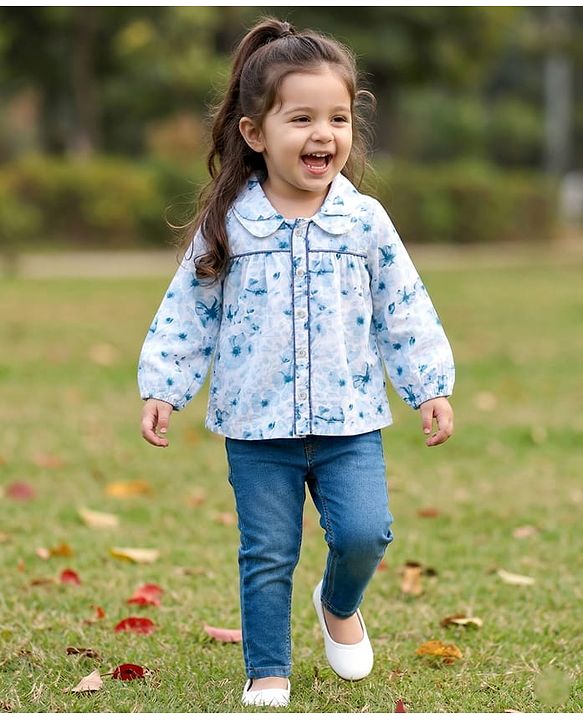 Babyhug Cotton Woven Full Sleeves Floral Printed Top & Jeans Set - Light Blue