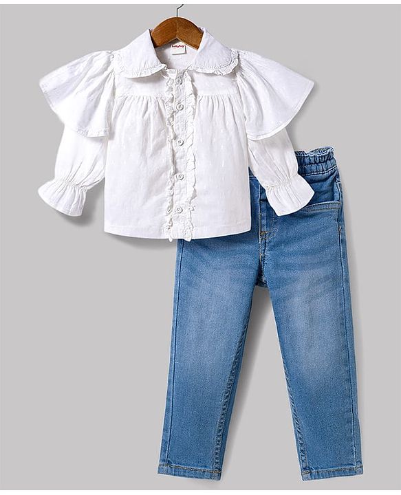 Babyhug Cotton Woven Full Sleeves Top & Jeans Set - White & Blue