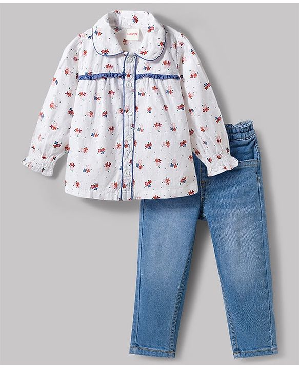 Babyhug Cotton Woven Full Sleeves Floral Printed Top & Jeans Set - Light Blue