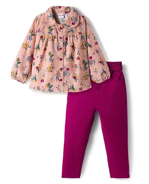 Babyhug Cotton Woven Full Sleeves Top & Lounge Pant Set With Floral Print - Multicolor