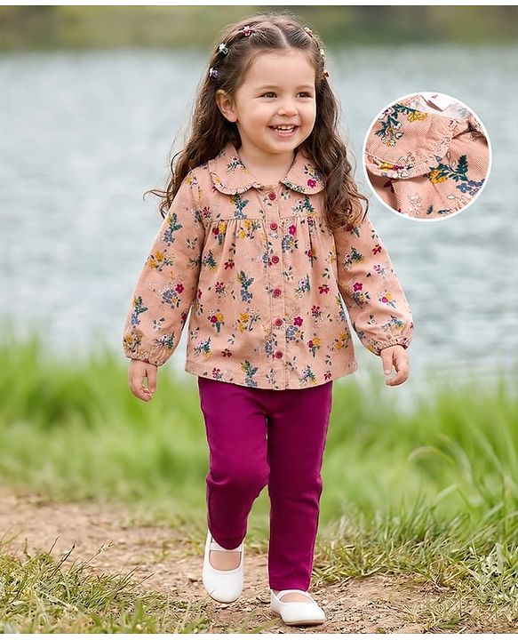 Babyhug Cotton Woven Full Sleeves Top & Lounge Pant Set With Floral Print - Multicolor