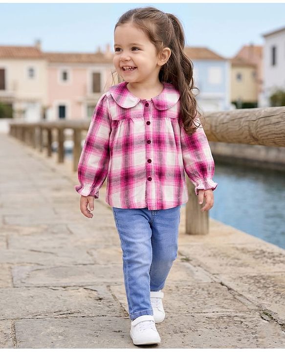 Babyhug Cotton Woven Full Sleeves Checkered Top & Denim Jeans Set - Multicolor