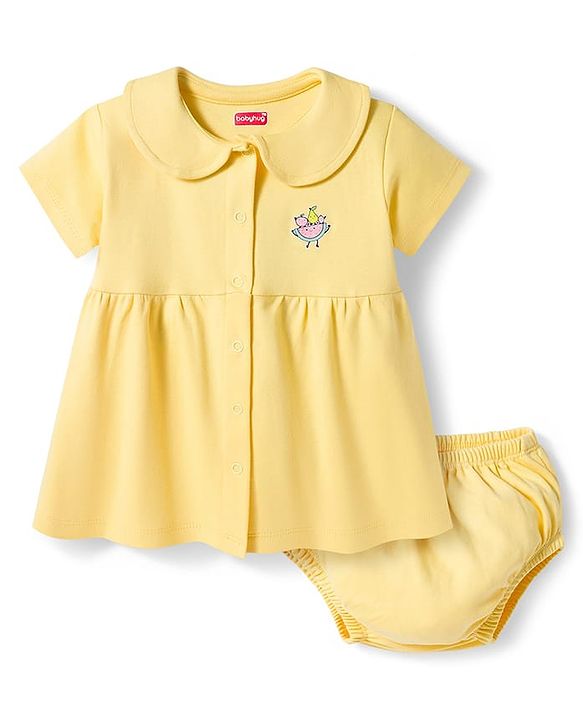 Babyhug Interlock Knit Half Sleeves Frock with Bloomer & Fruit Print - Yellow