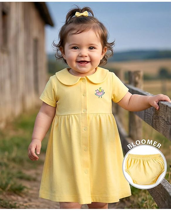 Babyhug Interlock Knit Half Sleeves Frock with Bloomer & Fruit Print - Yellow