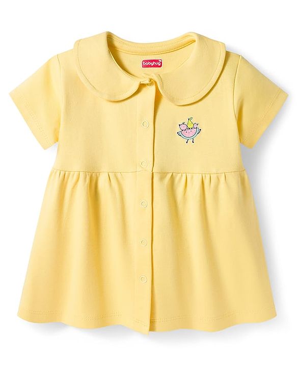 Babyhug Interlock Knit Half Sleeves Frock with Bloomer & Fruit Print - Yellow