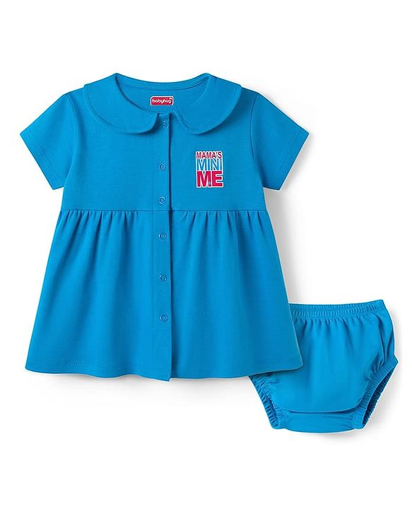 Babyhug Interlock Knit Half Sleeves Frock with Bloomer & Text Print - Blue