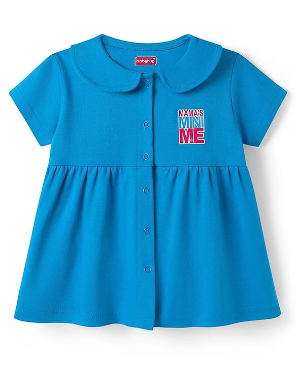 Babyhug Interlock Knit Half Sleeves Frock with Bloomer & Text Print - Blue