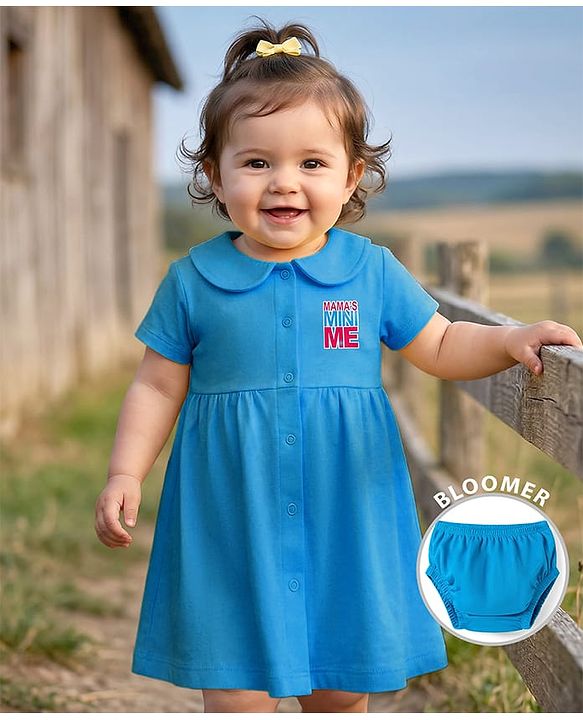 Babyhug Interlock Knit Half Sleeves Frock with Bloomer & Text Print - Blue