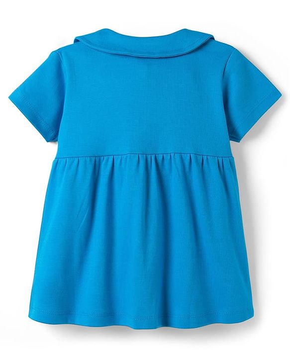 Babyhug Interlock Knit Half Sleeves Frock with Bloomer & Text Print - Blue