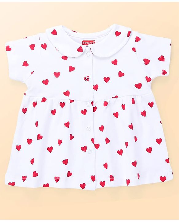 Babyhug 100% Cotton Knit Half Sleeves Polka Dots Printed Frock With Bloomer - White & Red