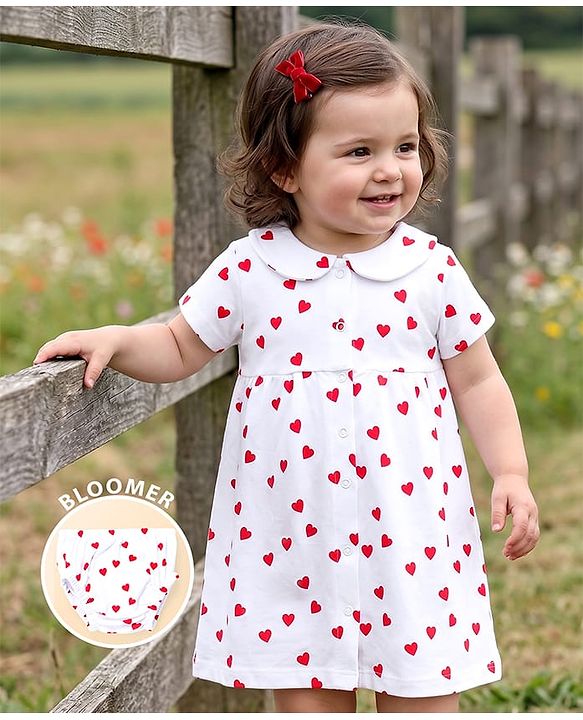 Babyhug 100% Cotton Knit Half Sleeves Polka Dots Printed Frock With Bloomer - White & Red