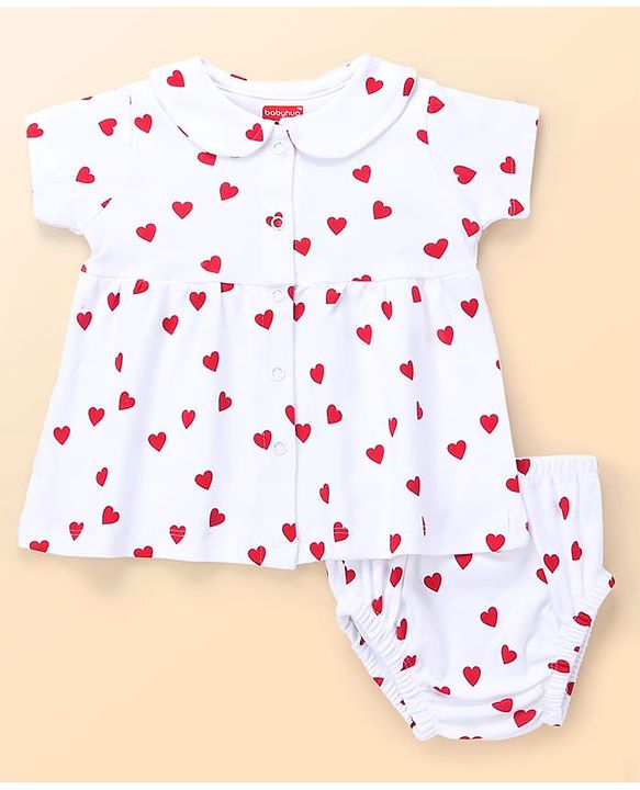 Babyhug 100% Cotton Knit Half Sleeves Polka Dots Printed Frock With Bloomer - White & Red