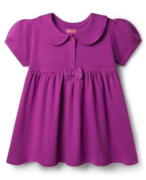 Babyhug 100% Cotton Knit Half Sleeves Solid Frock With Bloomer - Purple