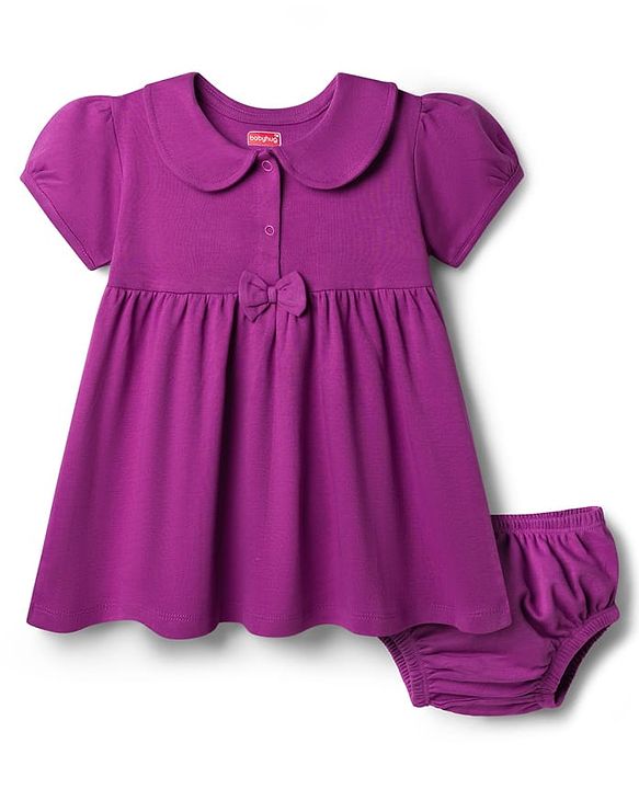Babyhug 100% Cotton Knit Half Sleeves Solid Frock With Bloomer - Purple