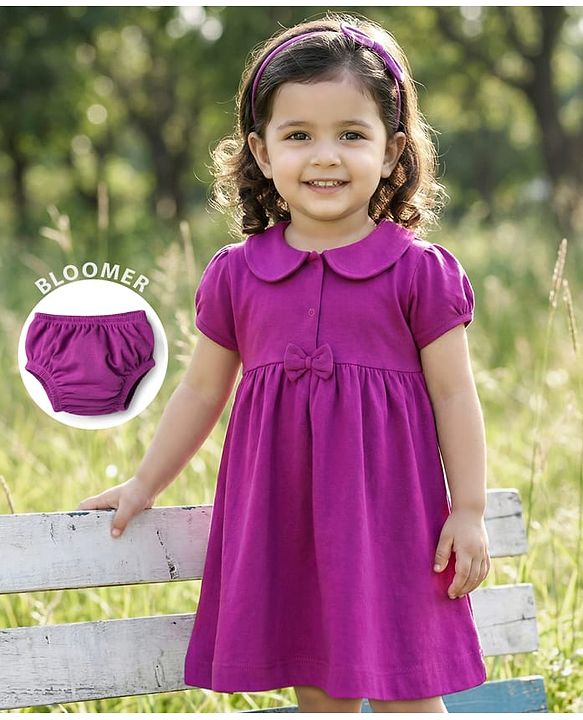 Babyhug 100% Cotton Knit Half Sleeves Solid Frock With Bloomer - Purple