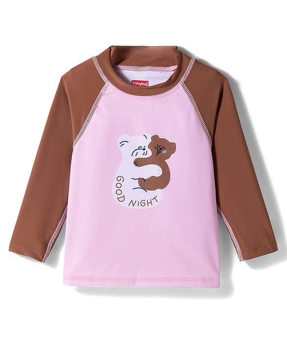Babyhug Raglan Full Sleeves Bear Printed Two Piece Swimsuit - Pink & Brown
