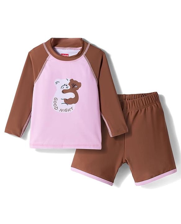 Babyhug Raglan Full Sleeves Bear Printed Two Piece Swimsuit - Pink & Brown