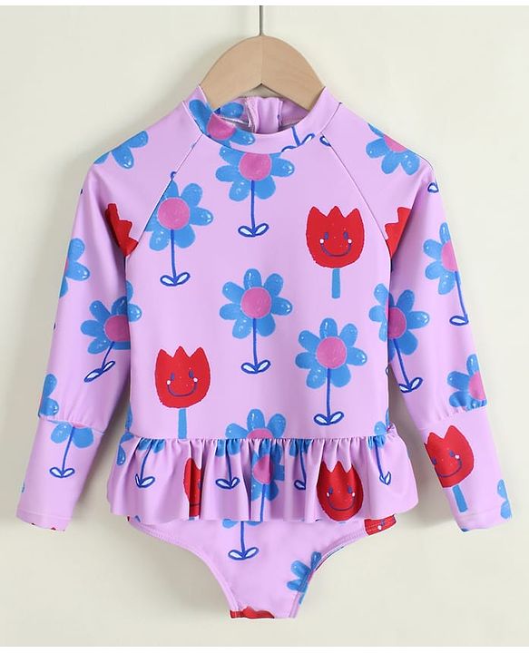 Babyhug Full Raglan Sleeves V Cut Swimsuit with Floral Print - Purple