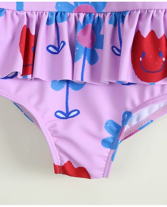 Babyhug Full Raglan Sleeves V Cut Swimsuit with Floral Print - Purple