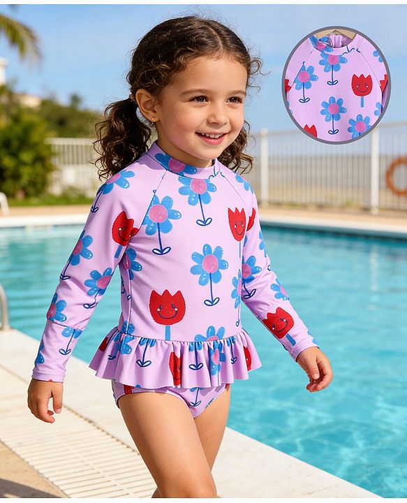 Babyhug Full Raglan Sleeves V Cut Swimsuit with Floral Print - Purple