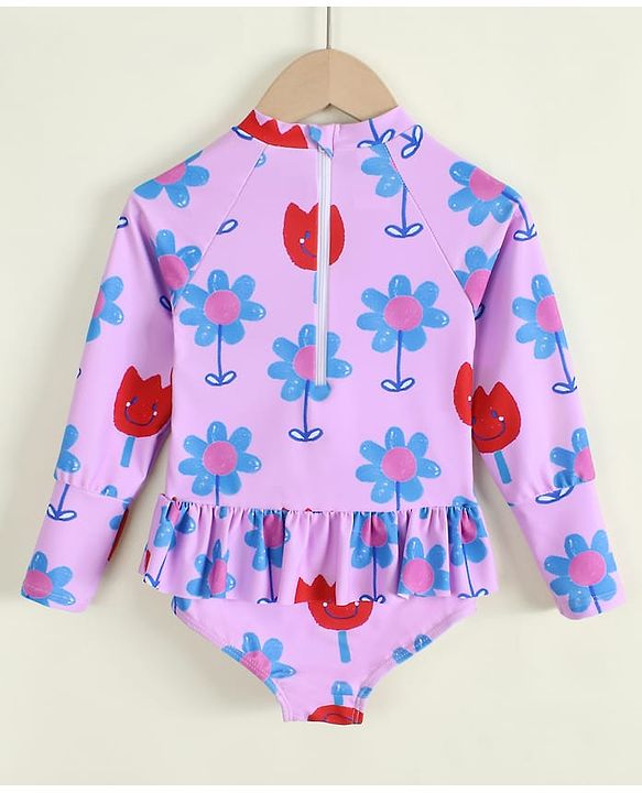 Babyhug Full Raglan Sleeves V Cut Swimsuit with Floral Print - Purple