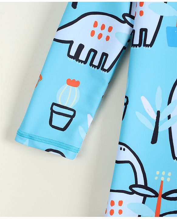 Babyhug Raglan Full Sleeves Dino Printed Legged Swimsuit With Cap - Light Blue