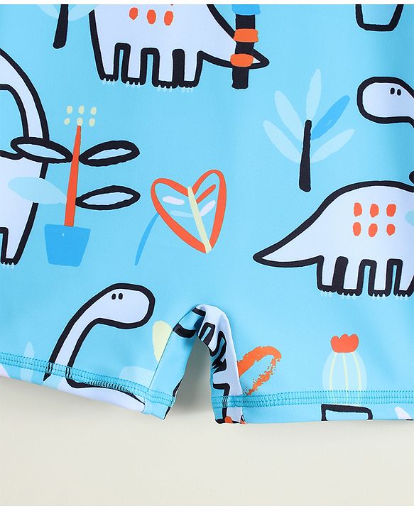 Babyhug Raglan Full Sleeves Dino Printed Legged Swimsuit With Cap - Light Blue