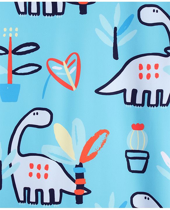 Babyhug Raglan Full Sleeves Dino Printed Legged Swimsuit With Cap - Light Blue