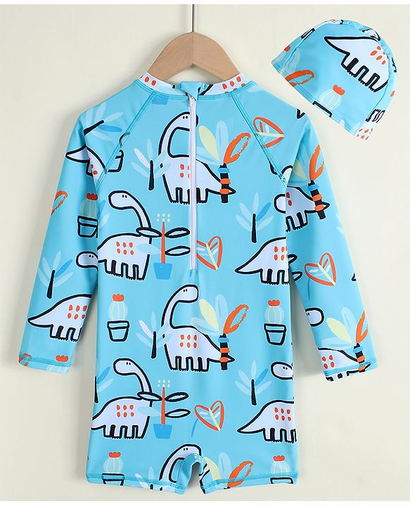 Babyhug Raglan Full Sleeves Dino Printed Legged Swimsuit With Cap - Light Blue