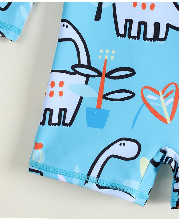 Babyhug Raglan Full Sleeves Dino Printed Legged Swimsuit With Cap - Light Blue