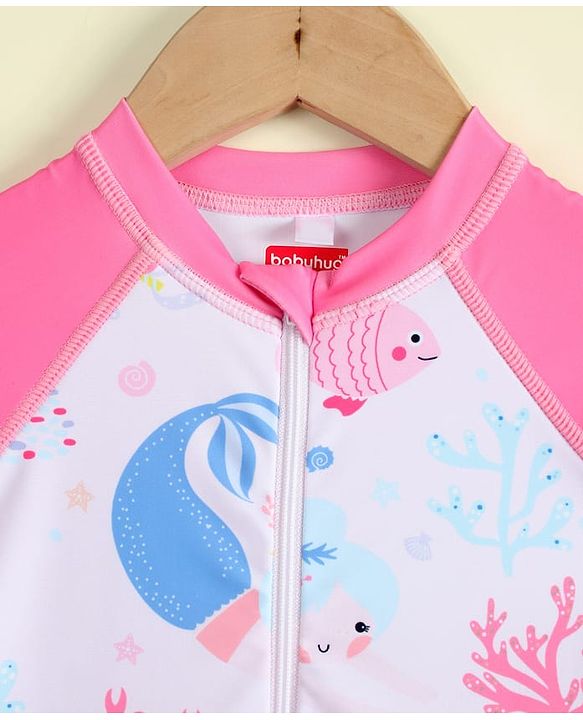 Babyhug Raglan Full Sleeves Sea Life Printed Legged Swimsuit - Pink