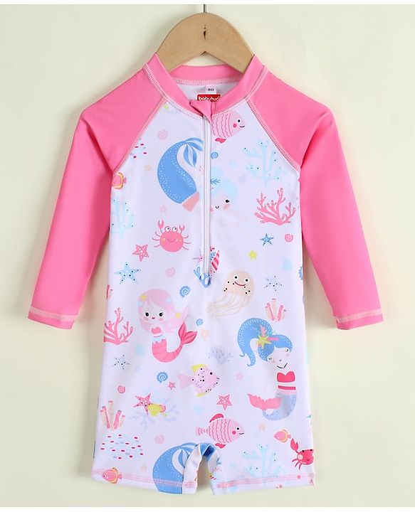 Babyhug Raglan Full Sleeves Sea Life Printed Legged Swimsuit - Pink