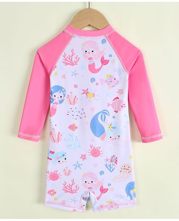 Babyhug Raglan Full Sleeves Sea Life Printed Legged Swimsuit - Pink