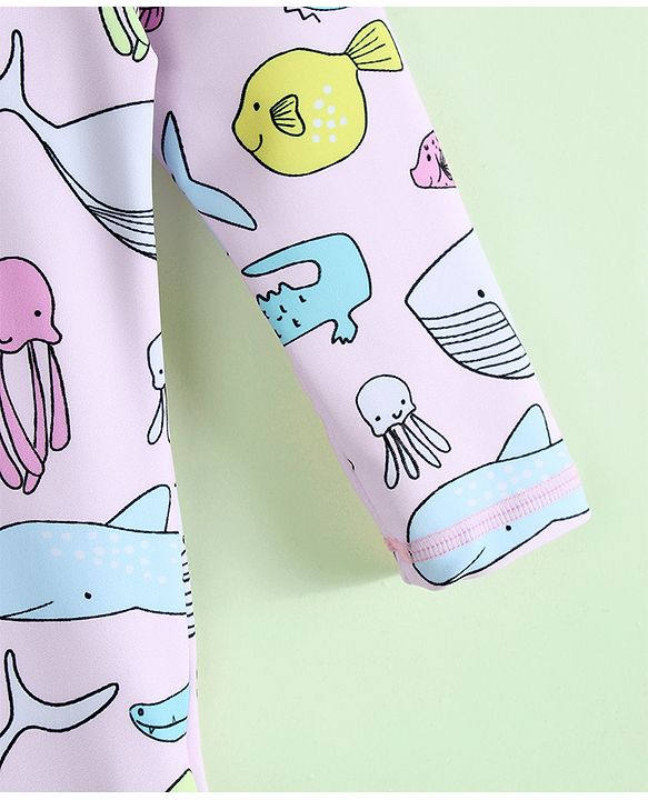 Babyhug Raglan Full Sleeves Sea Life Printed Legged Swimsuit - Multicolour